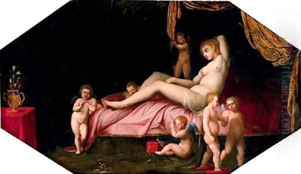 Venus reclining with attendant putti Oil Painting by Jacques Stella