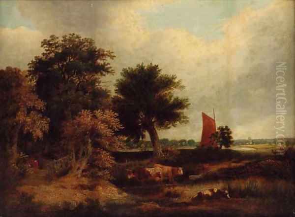 Cattle watering in a wooded landscape, with a wherry near Norwich Oil Painting by James Stark