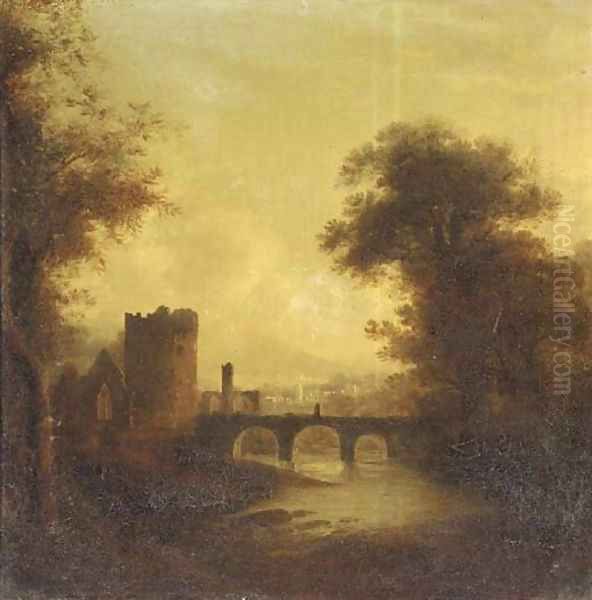 A ruined abbey and bridge in a river landscape with a town beyond Oil Painting by James Stark