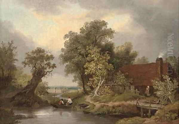 Figures in a punt by a cottage Oil Painting by James Stark