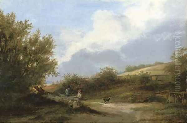 Figures resting on a wayside, near Bradeston Oil Painting by James Stark