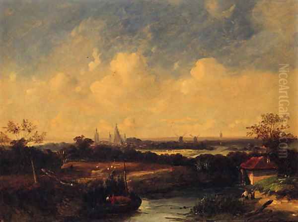 Figures on a Hay Barge with Windmills and a Church beyond Oil Painting by James Stark