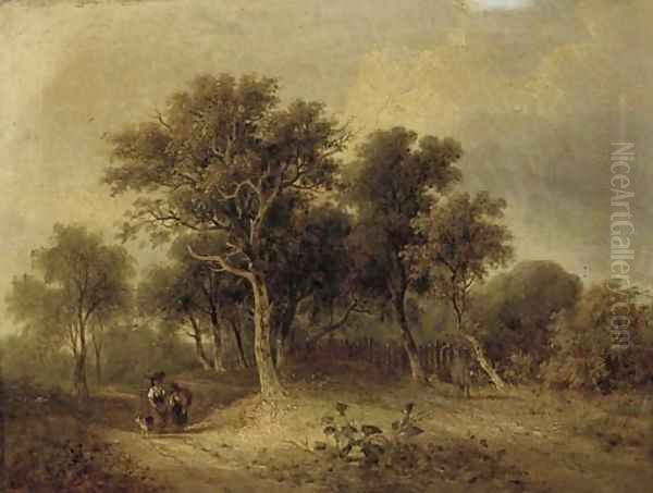 Travellers on a wooded track Oil Painting by James Stark