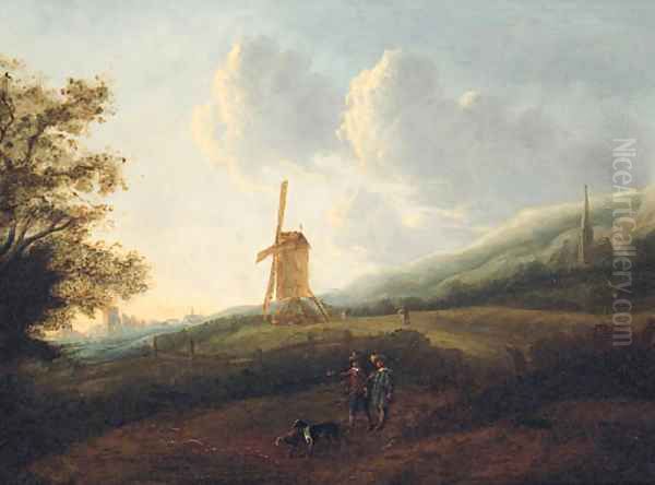 A landscape with travellers by a windmill, a town in the distance Oil Painting by Jan Sonje