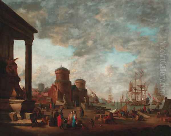 A Mediterranean harbour with moored men-'o-war and other shipping with oriental merchants and stevedores on a quay Oil Painting by Johann Georg Stuhr