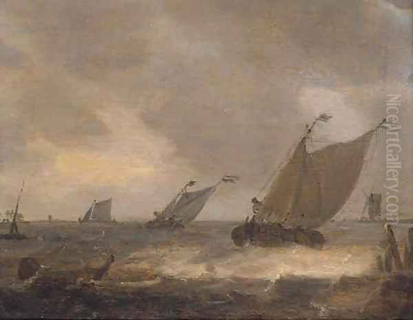 Dutch barges in a stiff breeze offshore Oil Painting by Johannes Pieterszoon Schoeff