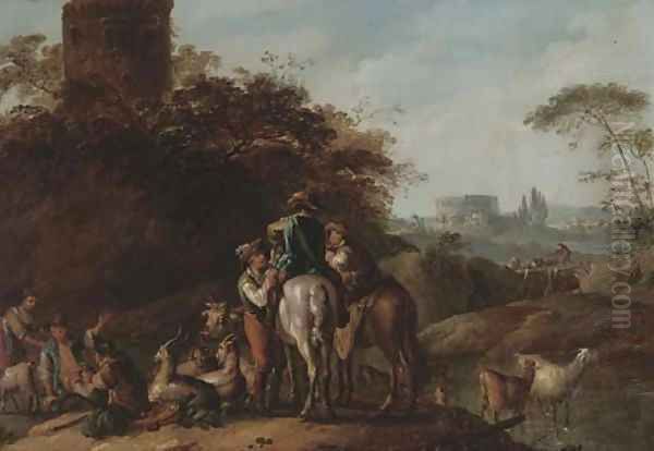 An Italianate landscape with travellers resting with herdsmen by a tower Oil Painting by Joseph Conrad Seekatz