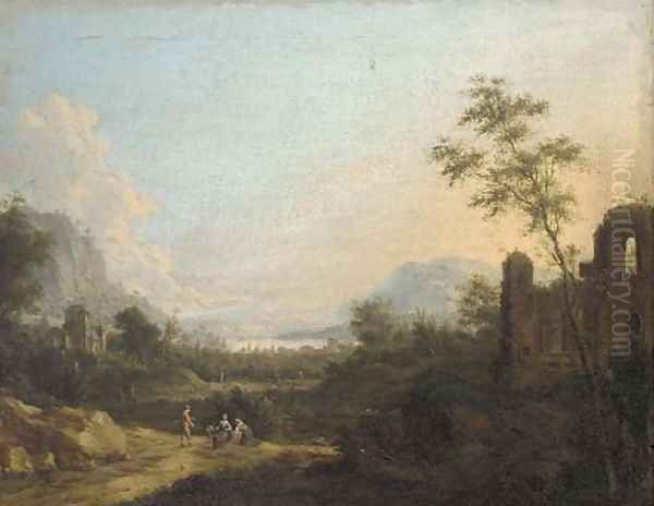 A mountaintous river landscape with figures on a path by classical ruins Oil Painting by Maximilian Joseph Schinnagl