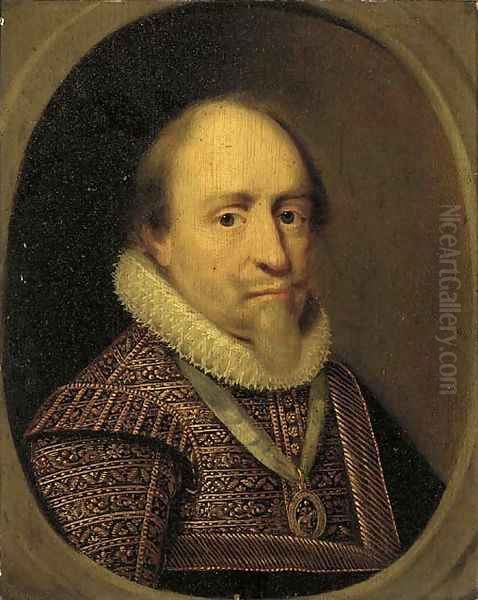 Portrait of a gentleman in a gold-embroidered jacket and lace ruff, feigned oval Oil Painting by Paulus Van Somer