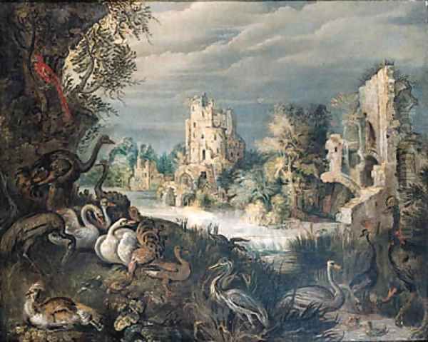 Ducks, swans, a guinea-fowl, a heron, ostriches, a parrot and other birds on a river bank Oil Painting by Roelant Savery