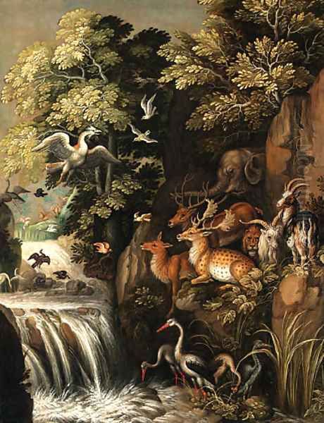 Deer, goats, an elephant and other animals by a waterfall Oil Painting by Roelant Savery