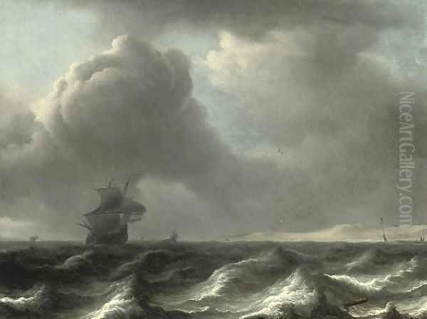 A 'wijdschip' in choppy waters, other vessels beyond Oil Painting by Aernout Smit