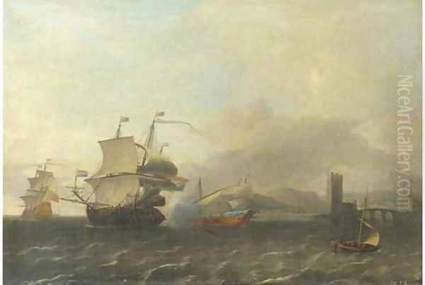 A naval engagement off the coast of a harbour town Oil Painting by Aernout Smit