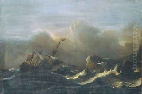 A three-master in a gale off a rocky coast Oil Painting by Aernout Smit