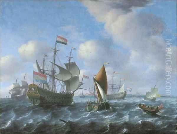 Het Wapen van Utrecht, a wijdschip and a spiegelsloep in a stiff breeze Oil Painting by Aernout Smit