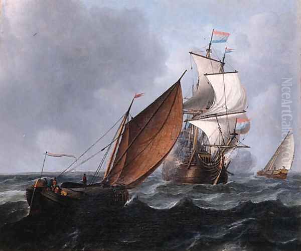 A wijdschip running before the wind while a merchantman fires a salute, in a stiff breeze Oil Painting by Aernout Smit