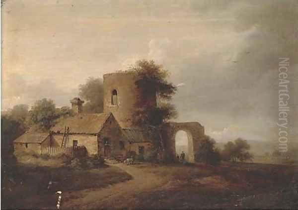 A landscape with farm buildings and figures Oil Painting by Anglo-Dutch School