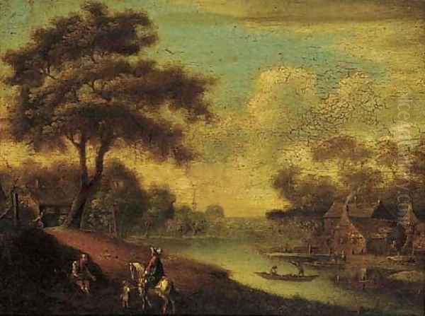 A traveller on horseback by a ferry crossing, a peddlar asking for money Oil Painting by Anglo-Dutch School