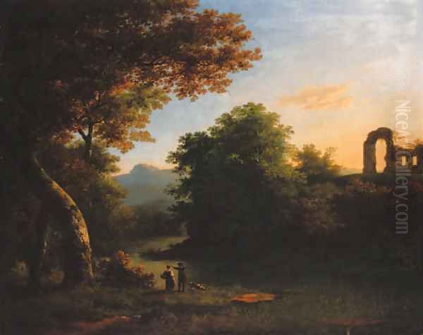 A wooded river landscape with figures and a dog in the foreground and classical ruins beyond Oil Painting by Anglo-Dutch School