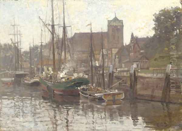 Boats moored on a canal Oil Painting by Carl Cowen Schirm