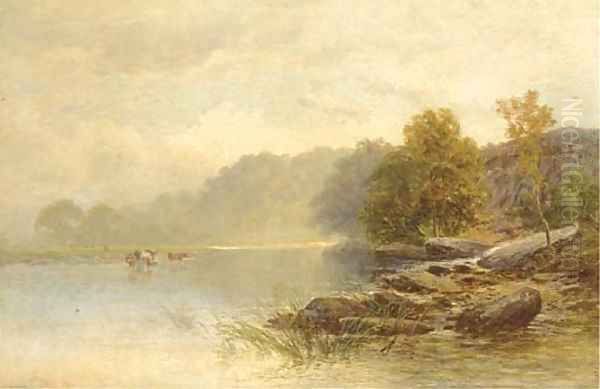 Cattle watering in a tranquil river Oil Painting by Charles S. Shaw