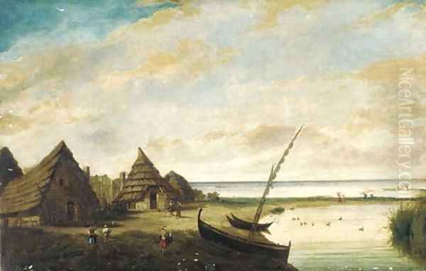 A coastal landscape with figures by huts, possibly south-east Asia Oil Painting by Dutch Colonial School