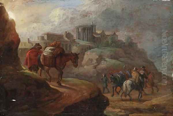 An Italianate landscape with travellers and packhorses on mountain paths Oil Painting by Dutch-Italianate School