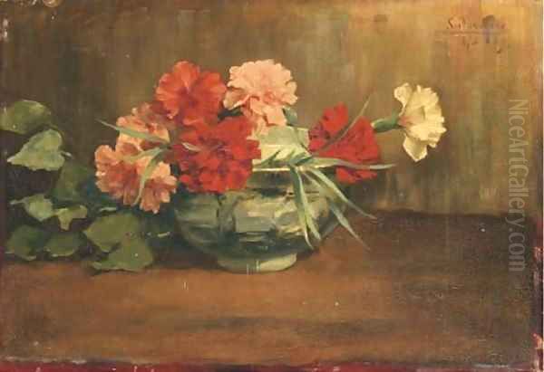 Red, pink and white carnations Oil Painting by Emile Seeldrayers