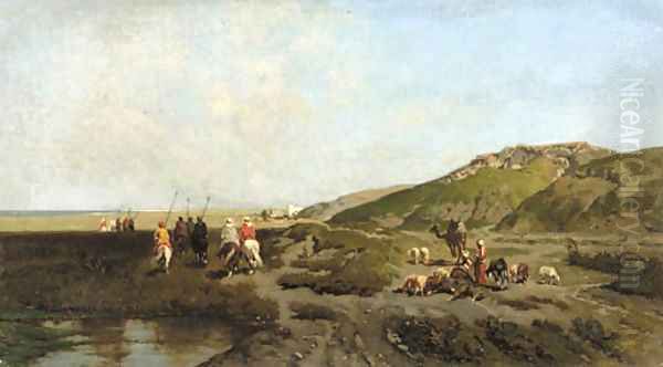 Oriental horsemen travelling in an extensive landscape Oil Painting by European School