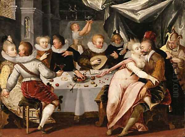 A Merry Company at a Banquet in a Palatial Interior Oil Painting by Franco-Flemish School