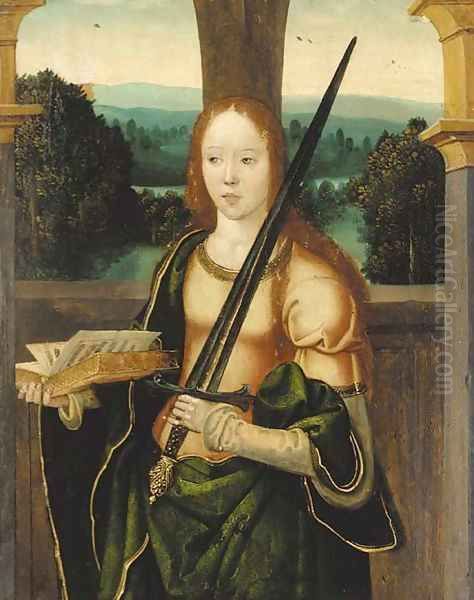 A female martyr saint a compartment from an altarpiece Oil Painting by Hispano-Flemish School