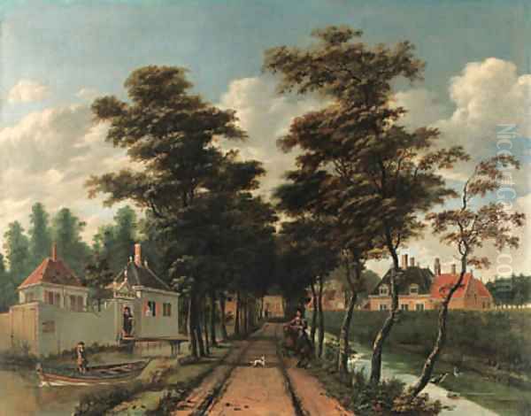 An avenue between two canals with a horseman and a dog Oil Painting by Jan Gabrielsz. Sonje