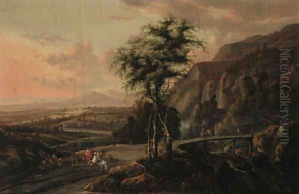 An extensive mountain landscape, with a hawking party on a road by a bridge Oil Painting by Jan Gabrielsz. Sonje