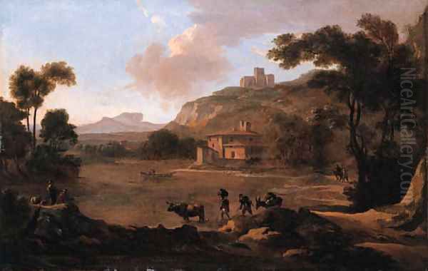 Muleteers fording a river with anglers on a river-bank nearby, in an Italianate landscape Oil Painting by Jan Gabrielsz. Sonje