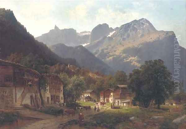 An Alpine farming town Oil Painting by Josef Schoyerer