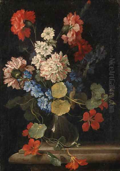 Carnations, nasturtiums and other flowers in a vase on a stone ledge Oil Painting by Nicolo Stanchi