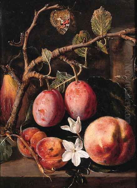 Plums, apricots on a twig Oil Painting by Peeter Snijers