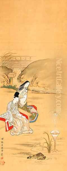 Nobleman and lady viewing a fountain in a garden Oil Painting by Tsukioka Sessai