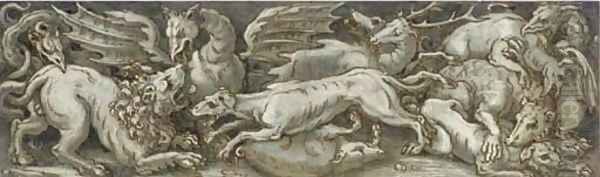 A frieze with dragons, dogs, a lion, a boar and a stag fighting Oil Painting by Veronese School