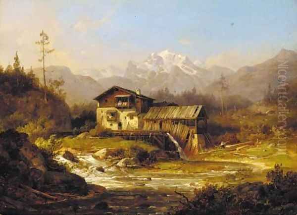 A chalet in an Alpine landscape Oil Painting by Wilhelm Scheuchzer