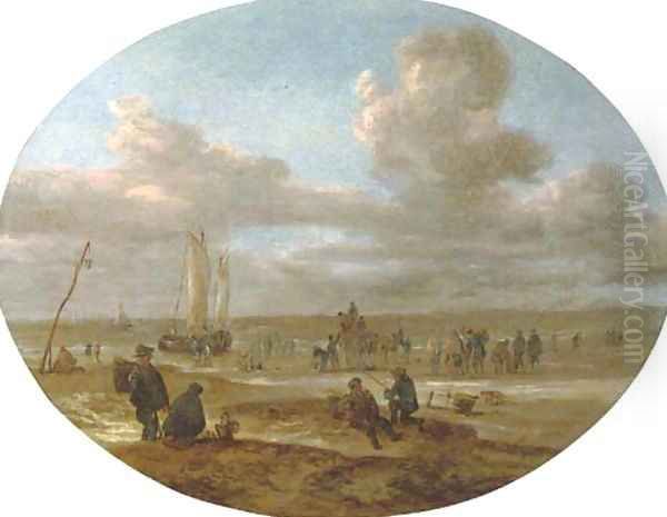 Fishermen trading on a beach with a sailing vessel in rough waters beyond Oil Painting by Abraham Susenier