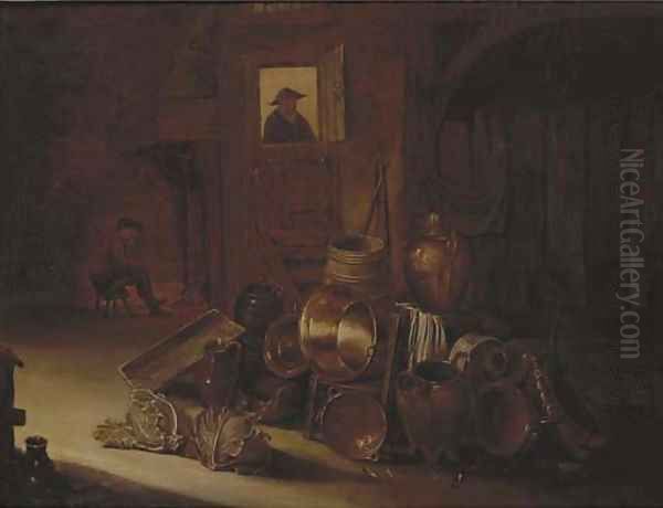 A stable interior with kitchen utensils and vegetables in the foreground Oil Painting by Hendrick Maertensz. Sorch (see Sorgh)