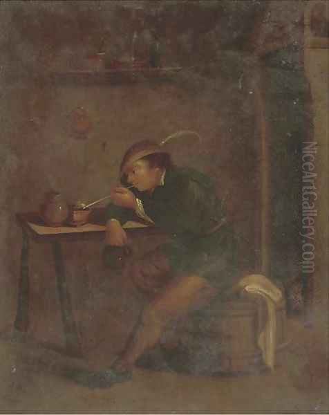 A boor smoking and drinking in an interior Oil Painting by Hendrick Maertensz. Sorch (see Sorgh)