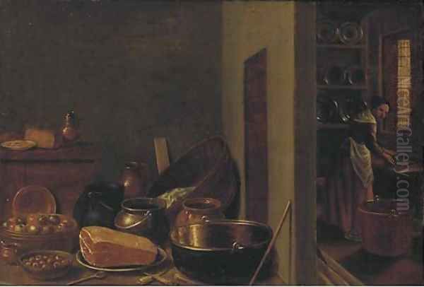 A kitchen interior with utensils in the foreground Oil Painting by Hendrick Maertensz. Sorch (see Sorgh)