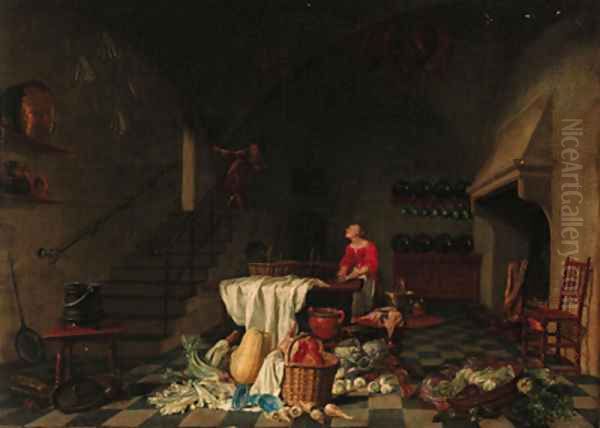 A kitchen with a maid preparing meat at a table Oil Painting by Hendrick Maertensz. Sorch (see Sorgh)