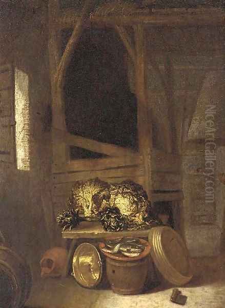 Artichokes, cabbages, a plate of fish, a copper pot and barrels in a barn interior Oil Painting by Hendrick Maertensz. Sorch (see Sorgh)