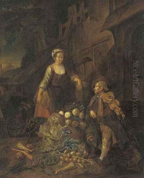 A Vegetable Seller With A Fiddle Player Oil Painting by Hendrick Maertensz. Sorch (see Sorgh)