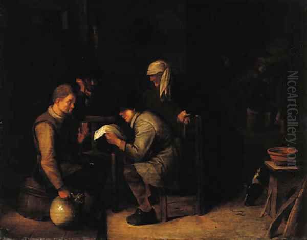 A young boy reading a letter to a boor seated on a barrel in an inn Oil Painting by Hendrick Maertensz. Sorch (see Sorgh)