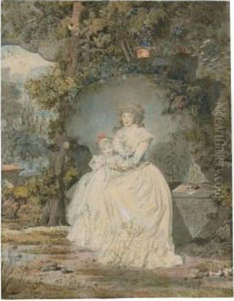 Portrait Of A Mother And Daughter, Seated In A Grotto In Alandscape Oil Painting by Wolfgang-Adam Toepffer