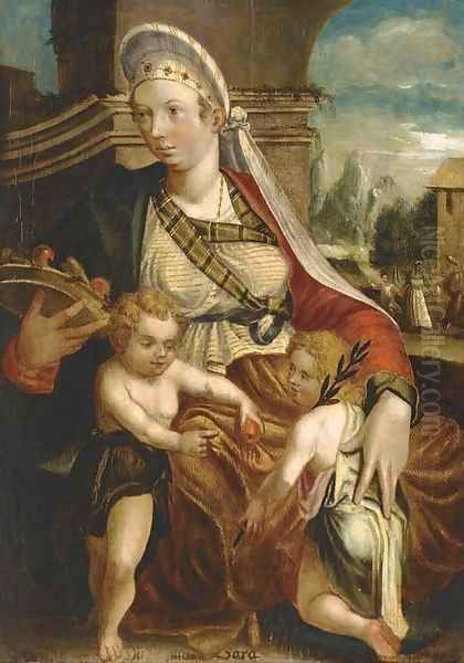 Sarah, Issac and a boy, with the banishment of Hagar and Ishmael beyond Oil Painting by Jakob Seisenegger